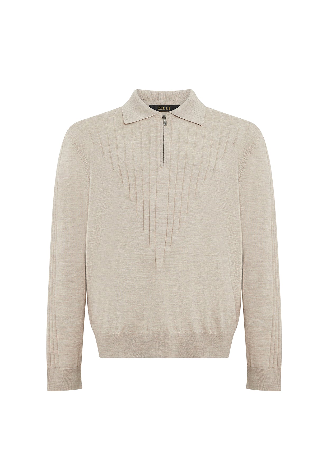Long-sleeved wool polo shirt with a zipped collar - Pale Fawn