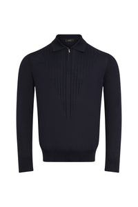 Polo à col zippé et manches longues en laine - Dark Navy