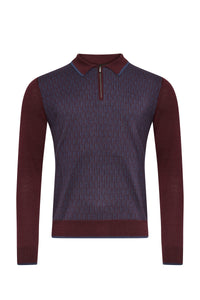 Polo à col zippé contrasté en laine et soie - Deep Cherry