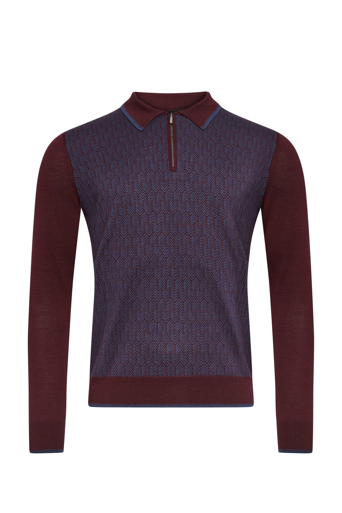 Polo à col zippé contrasté en laine et soie - Deep Cherry