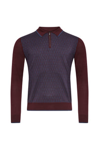 Polo à col zippé contrasté en laine et soie - Deep Cherry
