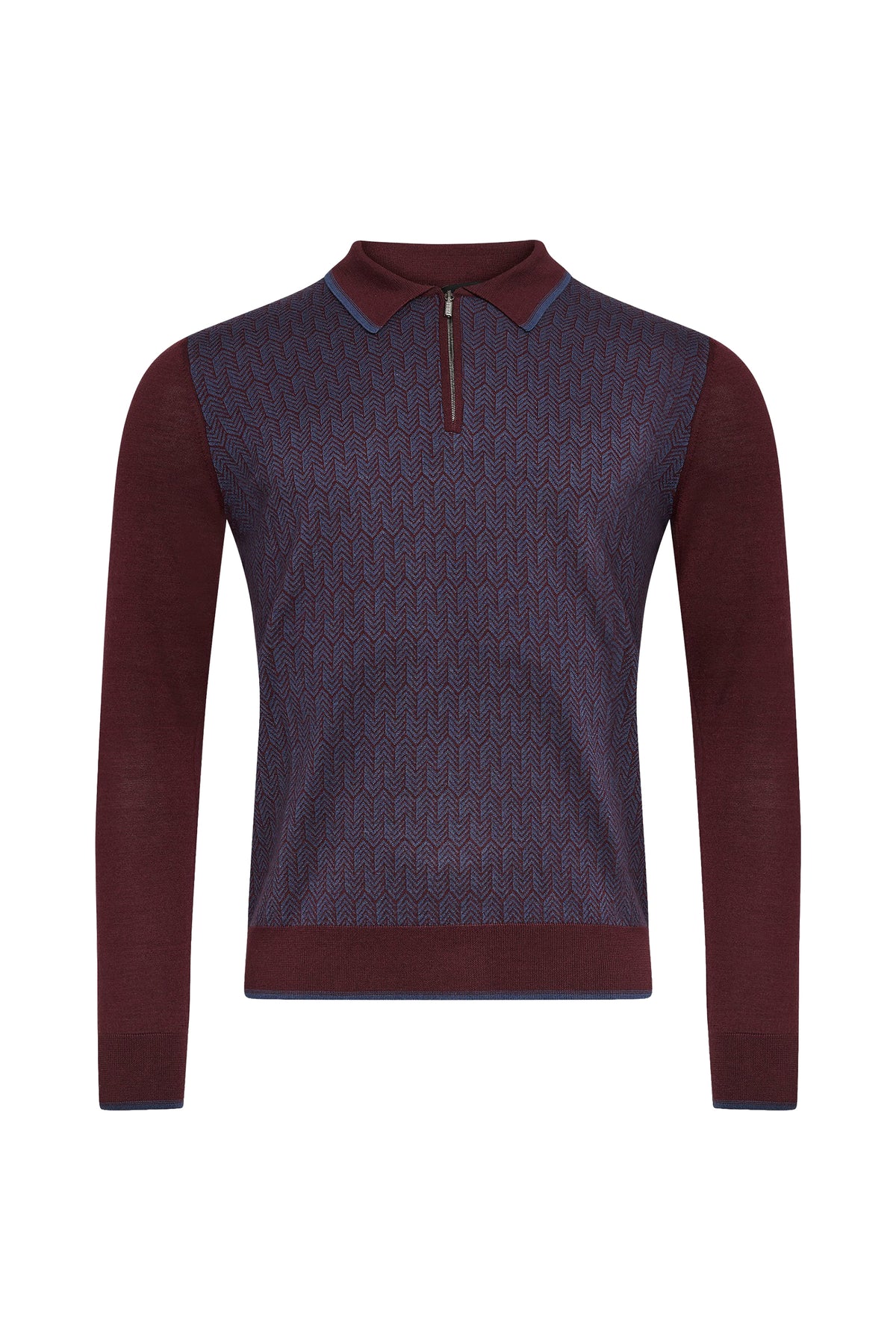 Polo à col zippé contrasté en laine et soie - Deep Cherry