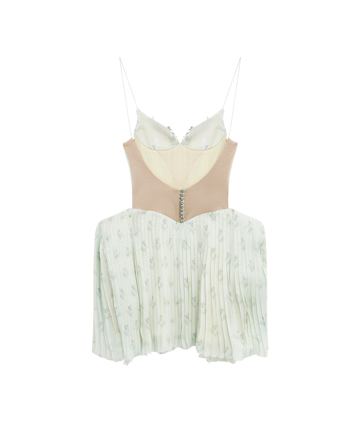 Robe courte plissée brodée en soie - Sauge