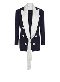 Veste en crêpe et satin à revers noués sur le devant - Bleu Marine & Blanc