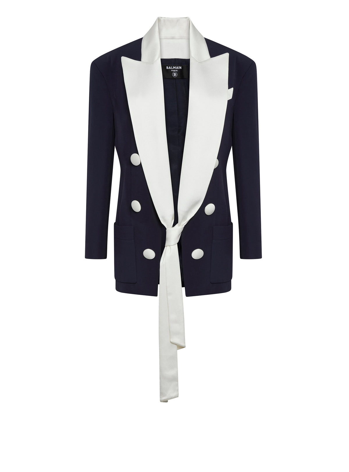 Veste en crêpe et satin à revers noués sur le devant - Bleu Marine & Blanc