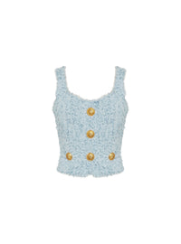 Crop top en tweed à bretelles boutonné - Bleu Pâle