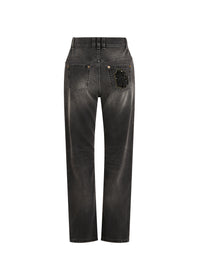 Pantalon droit avec poche brodée en denim - Noir Délavé