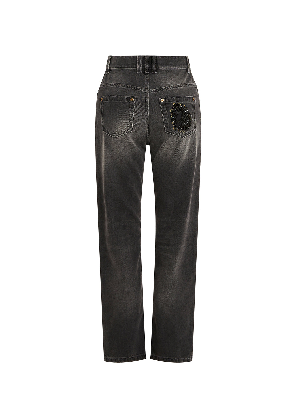 Pantalon droit avec poche brodée en denim - Noir Délavé