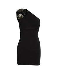Robe courte asymétrique à fleurs - Noir