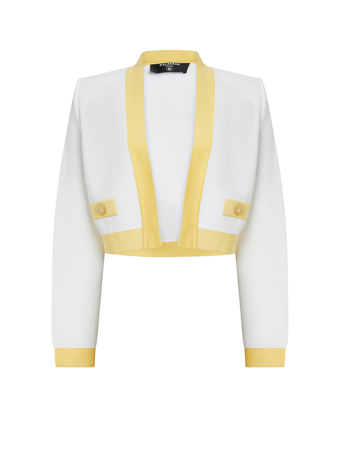 Collarless knit jacket - White & Pale Yellow