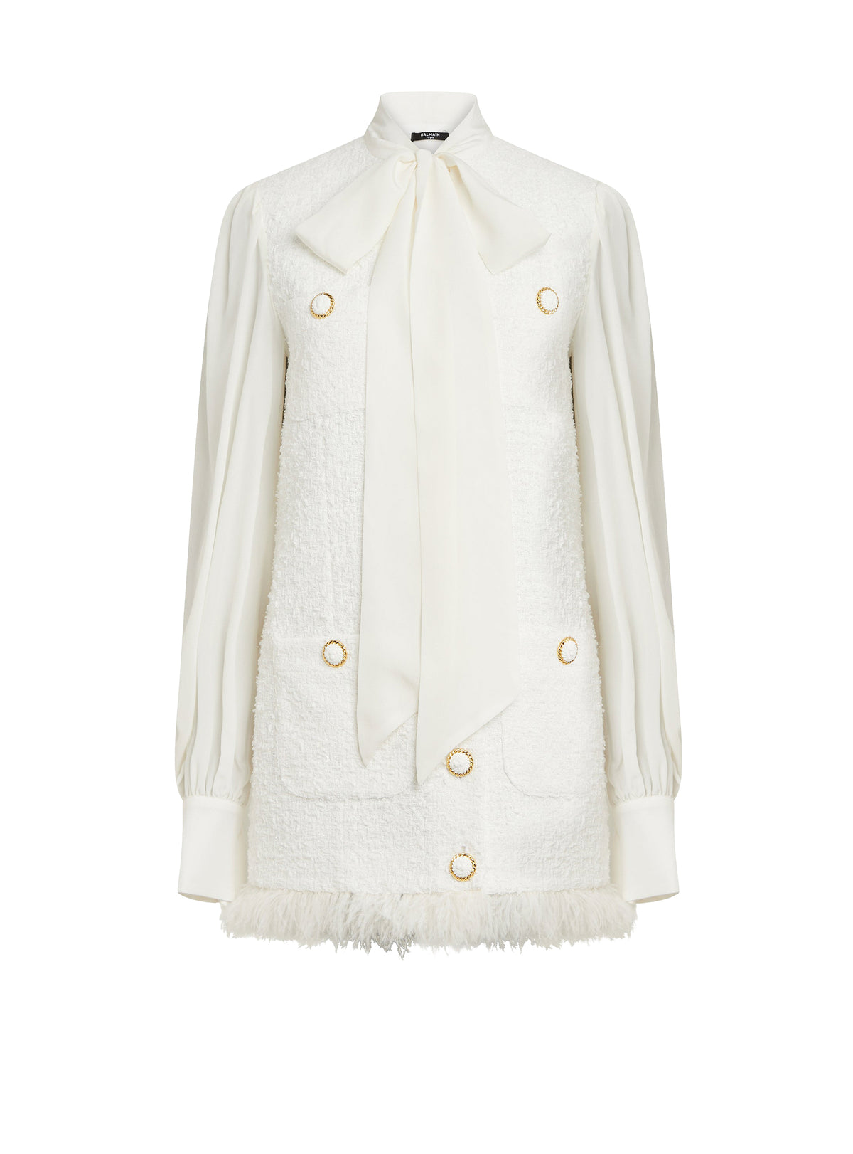 Short tweed dress with lavallière collar - White