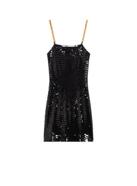 Robe courte à paillettes avec bretelles en chaîne - Noir