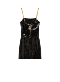 Robe courte à paillettes avec bretelles en chaîne - Noir