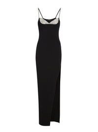 Long slit embroidered knit dress - Black & Silver
