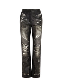 Pantalon en cuir imprimé denim - Gris Denim & Noir