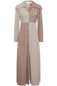 BEIGE BROWN URS DRESS STRIPES robe longue rayée avec col