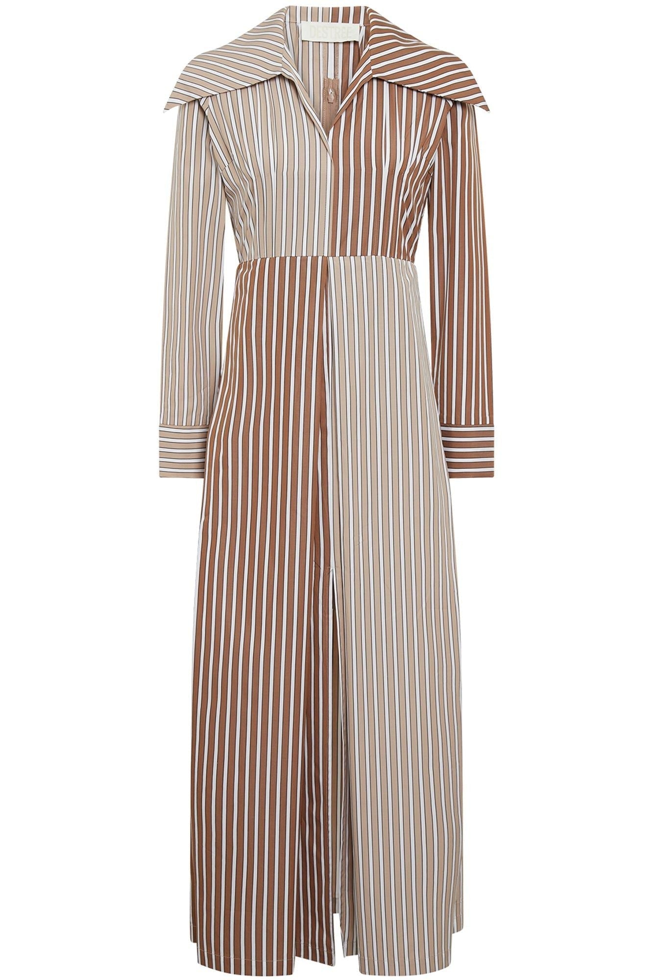 BEIGE BROWN URS DRESS STRIPES robe longue rayée avec col