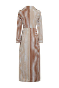 BEIGE BROWN URS DRESS STRIPES robe longue rayée avec col