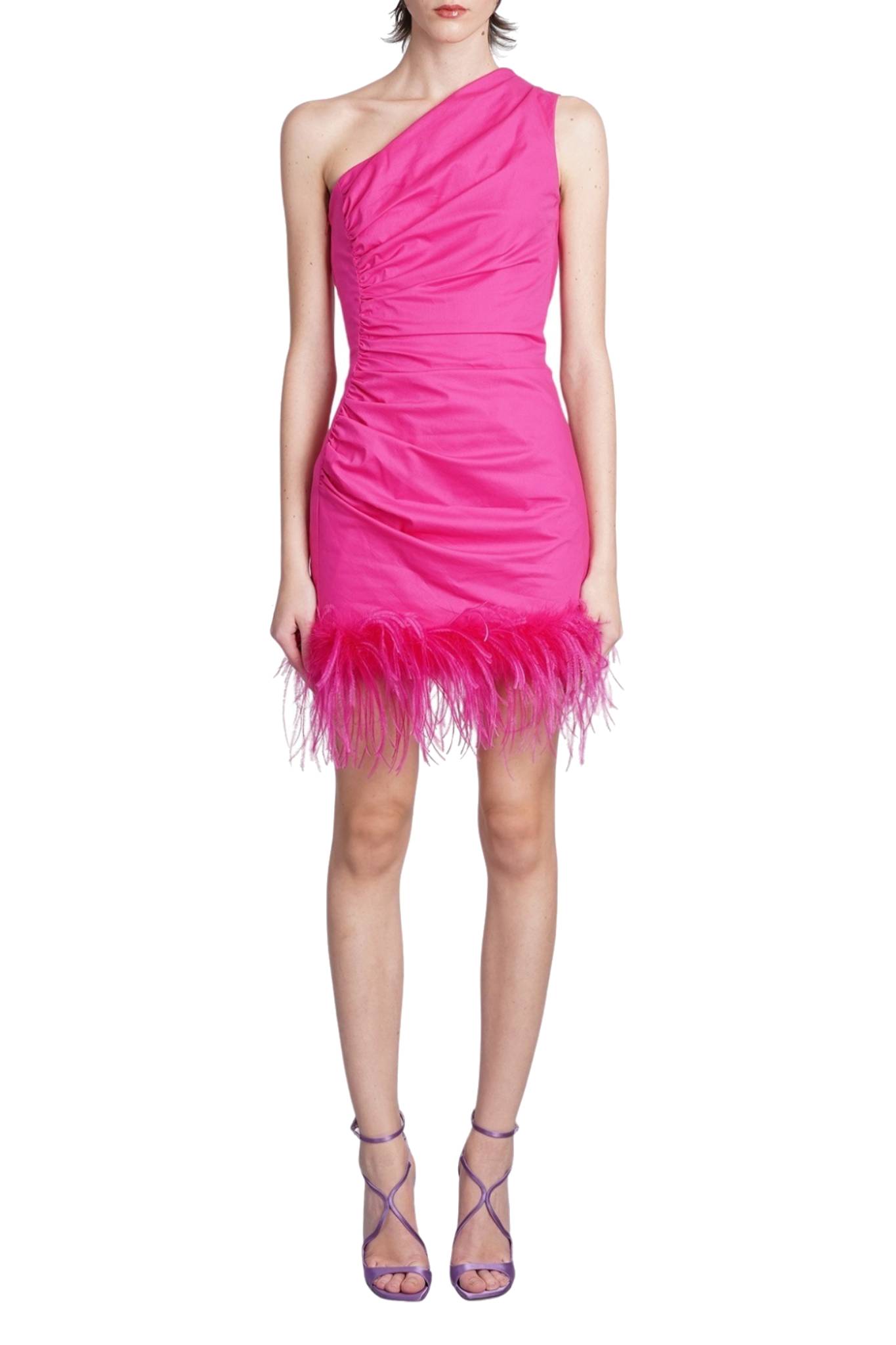 Robe courte asymétrique à plumes - Fuchsia