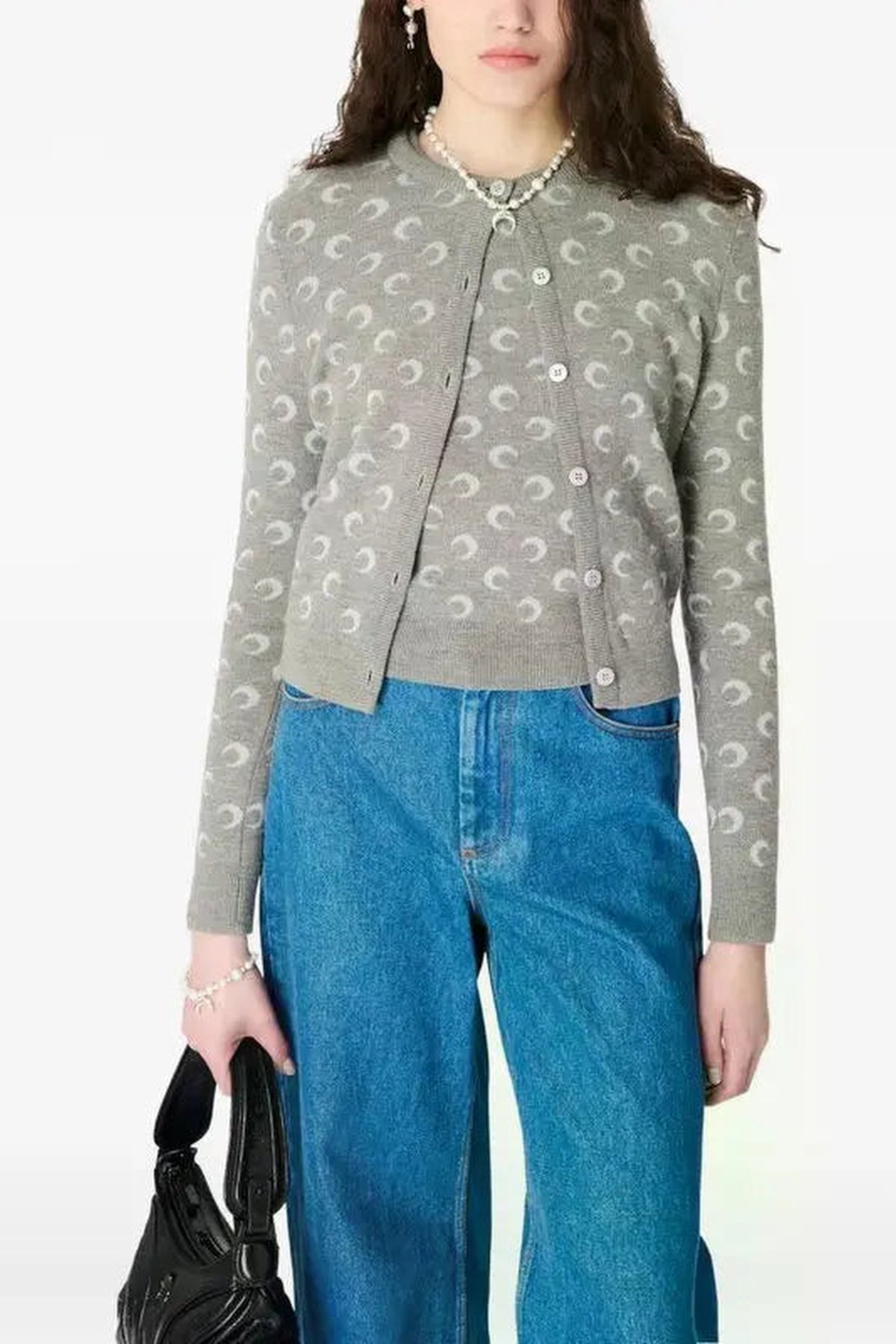 Moon Jacquard Knit Fitted Cardigan - Gris