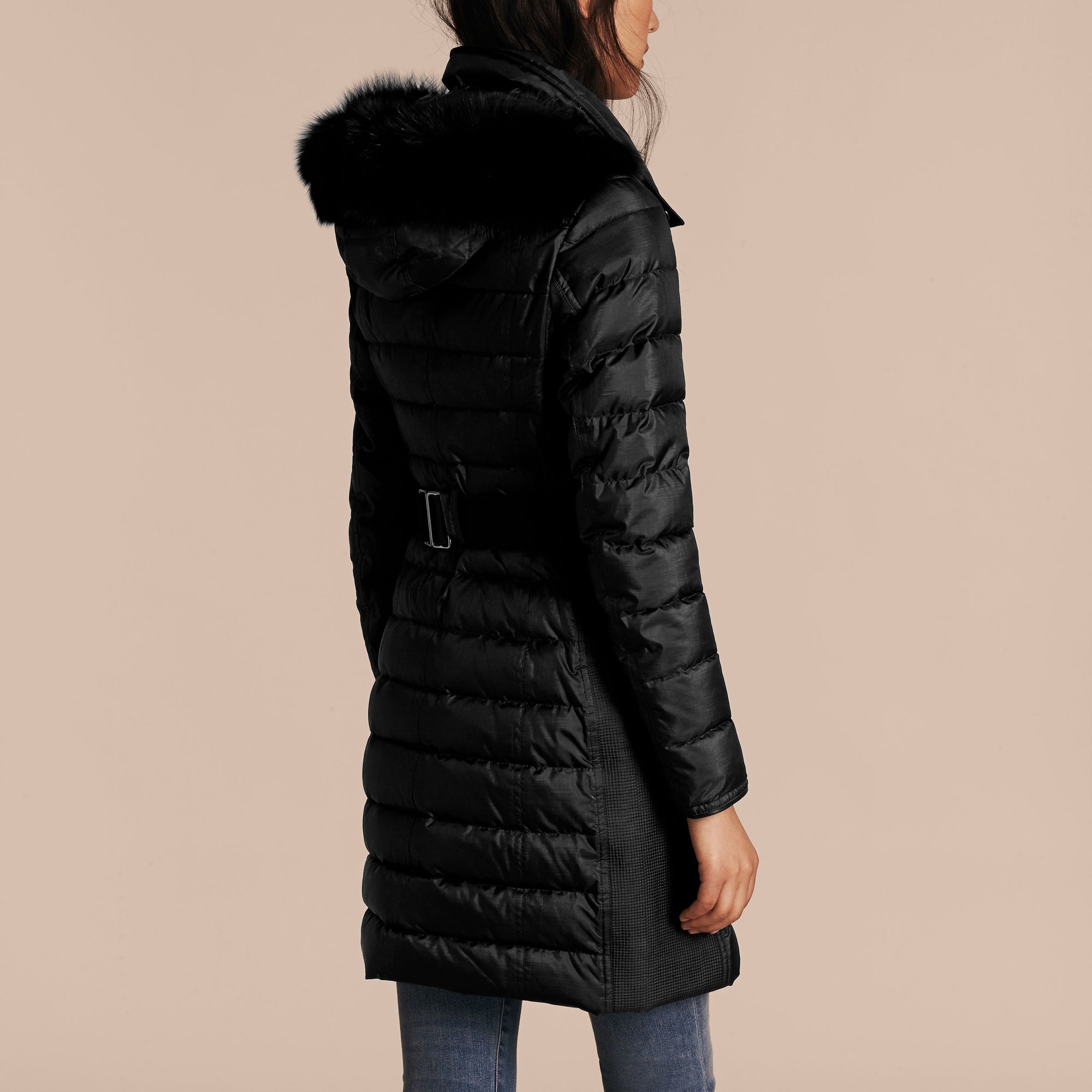 Manteau à capuche bordée de fourrure - Black