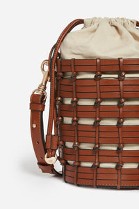 Small woven leather bucket bag - Cognac