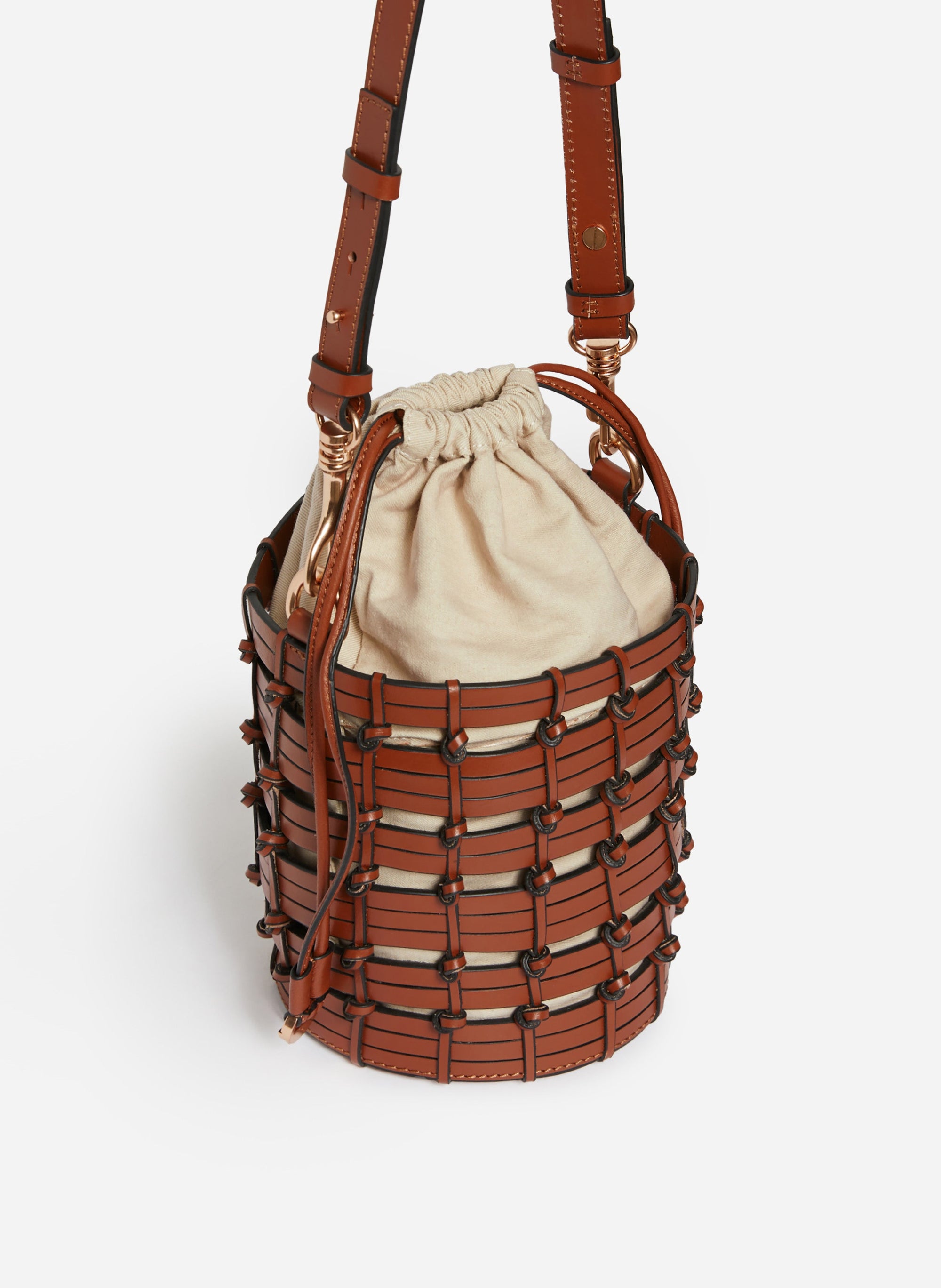 Petit sac seau en cuir tressé - Cognac