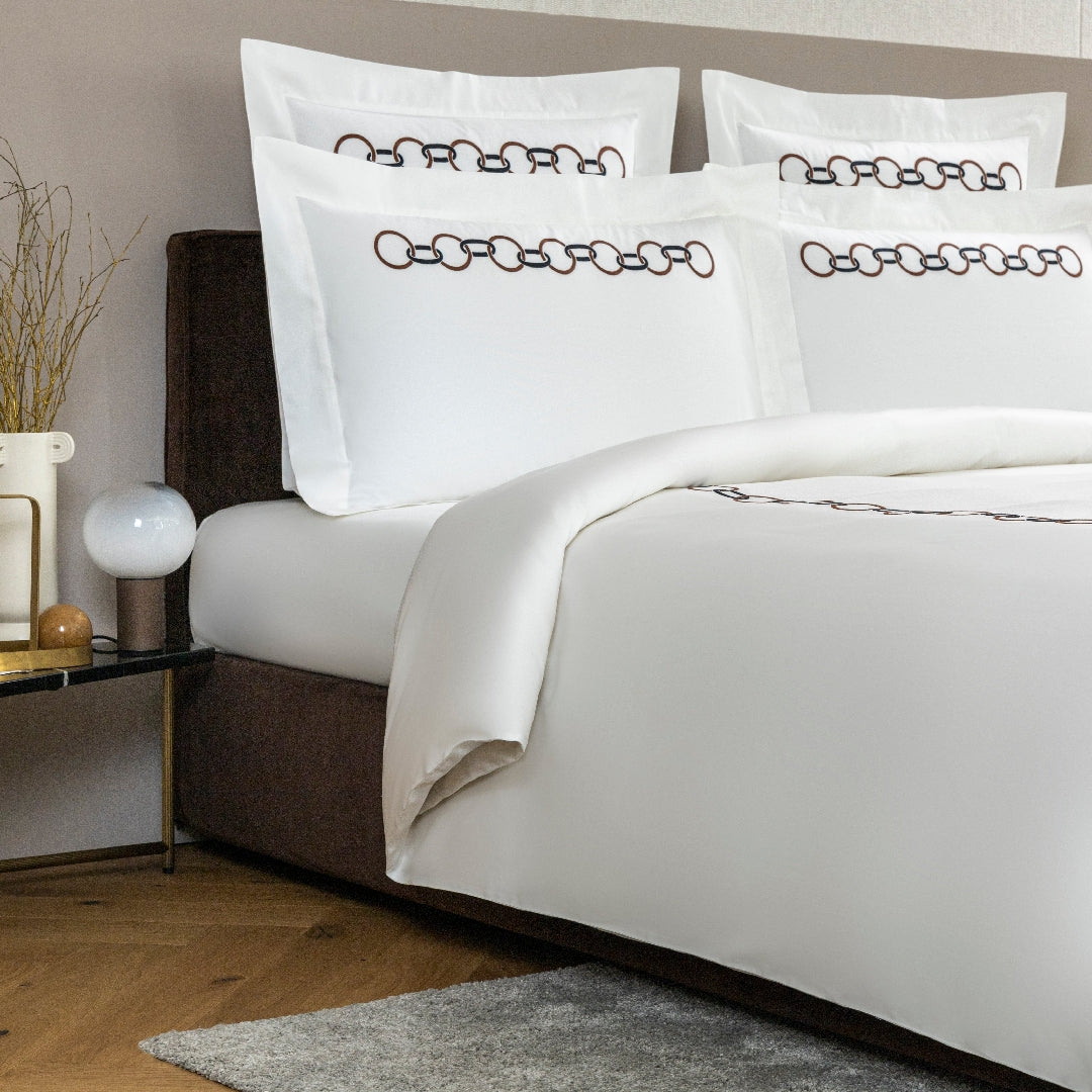 Parure housse de couette 4 pcs Links Embroidery en coton - Chestnut & Black