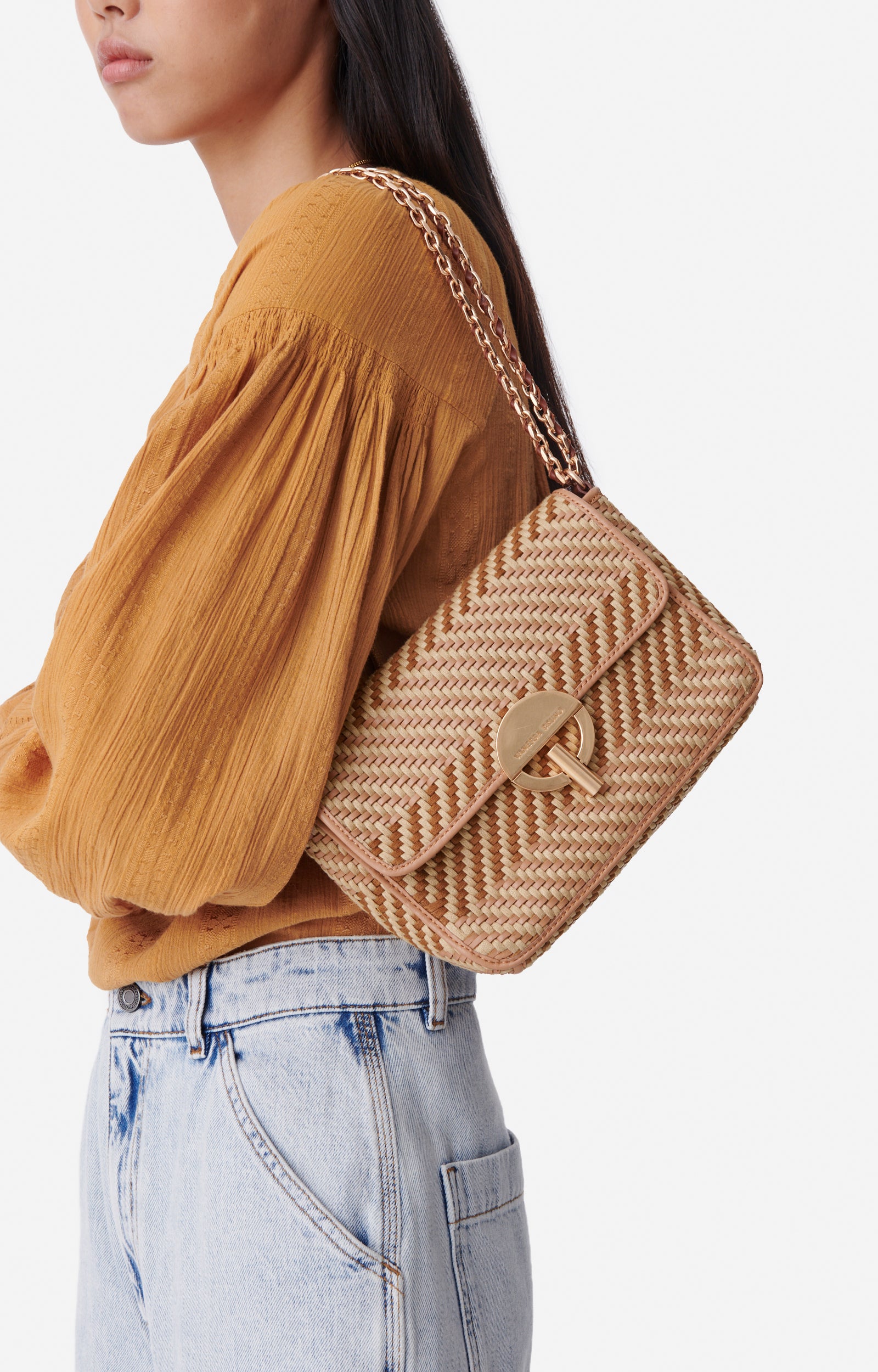4 QTY NEW // MULTICO/BISCUIT / Petit Sac Moon en Cuir et Coton - MULTICO/BISCUIT