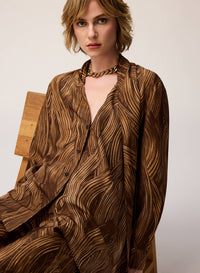 CAMEL PRINTED SILK SCARF DETAIL BLOUSE
