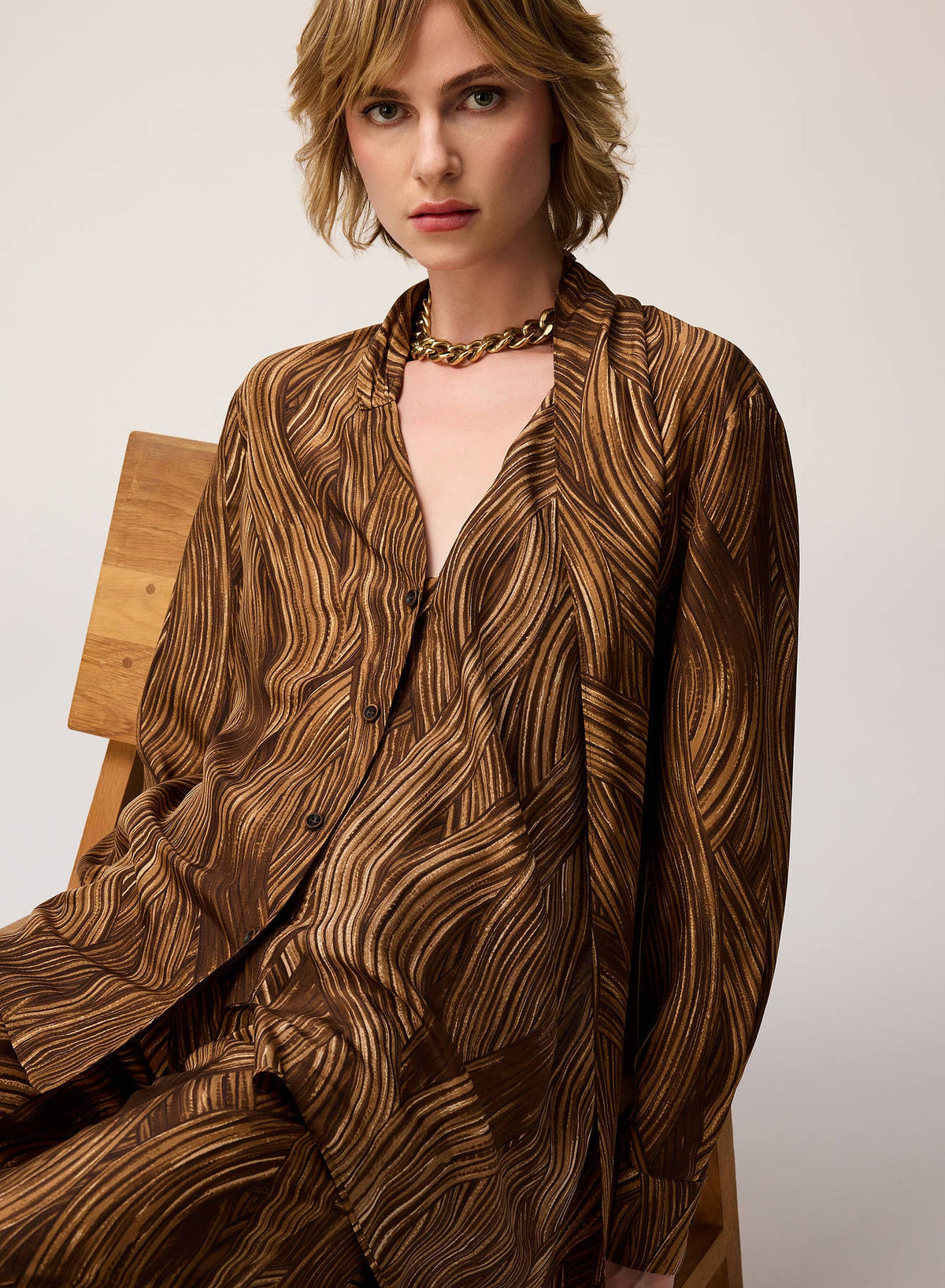 CAMEL PRINTED SILK SCARF DETAIL BLOUSE