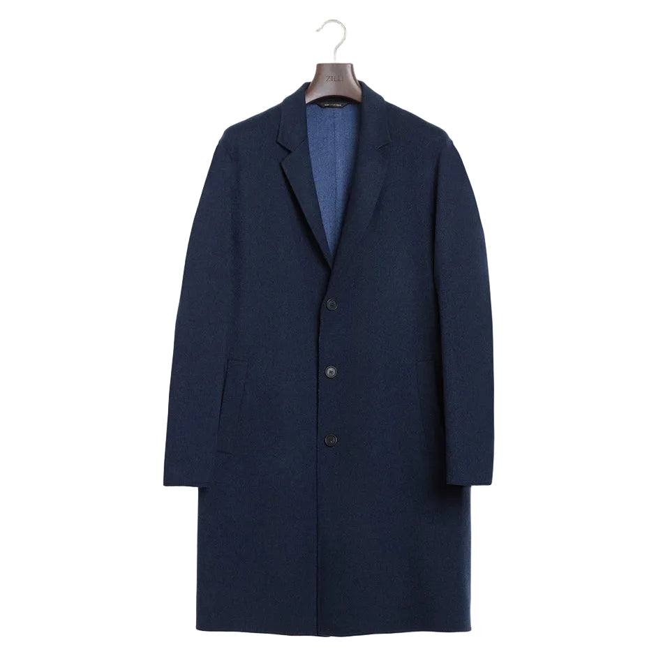 Manteau long à col officier en laine - Bleu