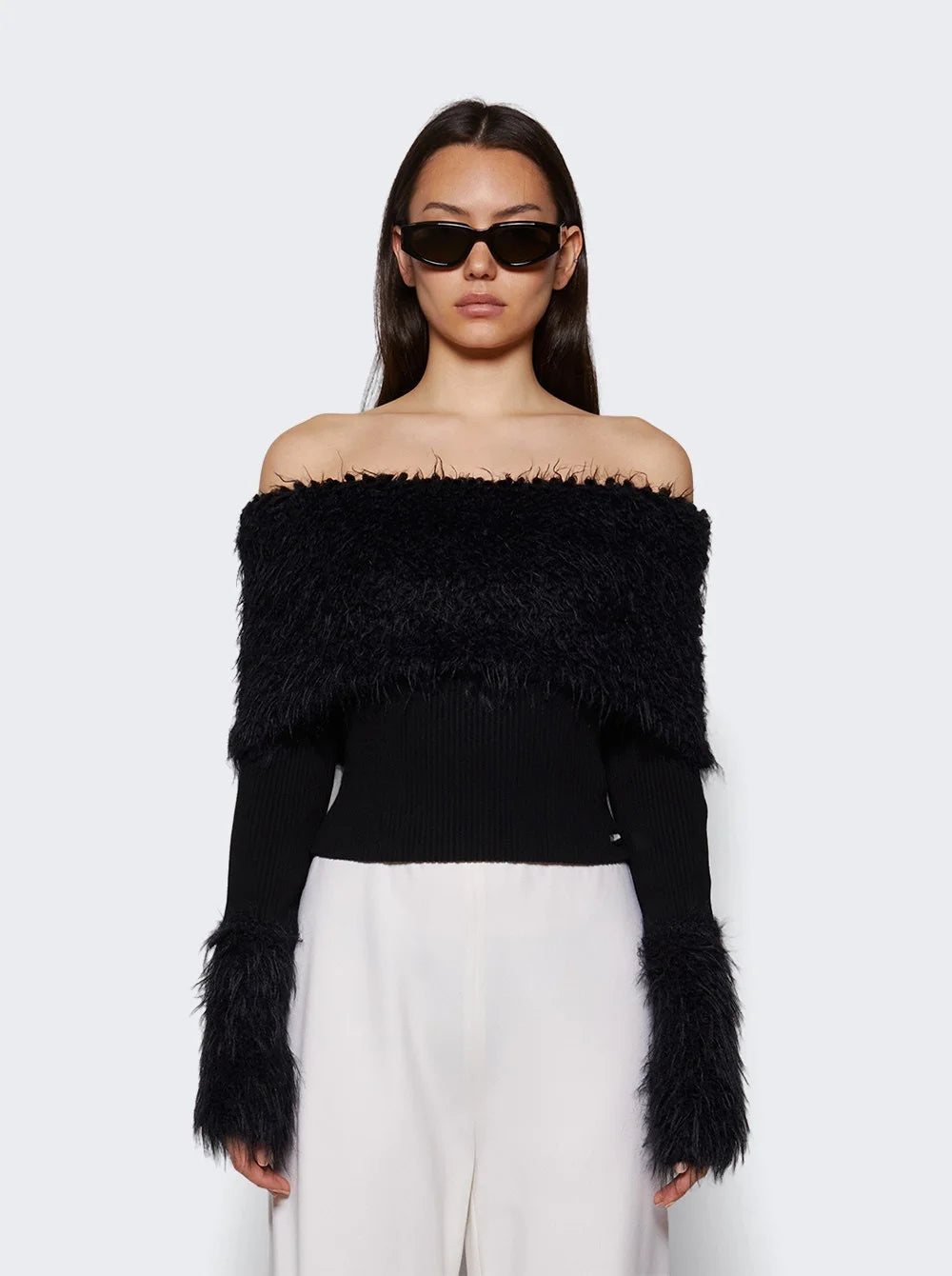 Mix Viscose Ribbed And Hairy Details Sweater - Black