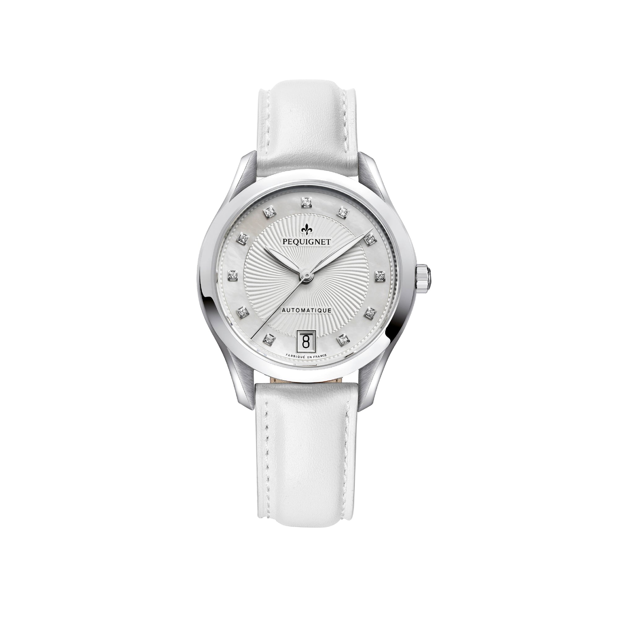 Montre Élegance en acier sertie de diamants avec tour nacré 34 mm - Blanc & Décor frappé