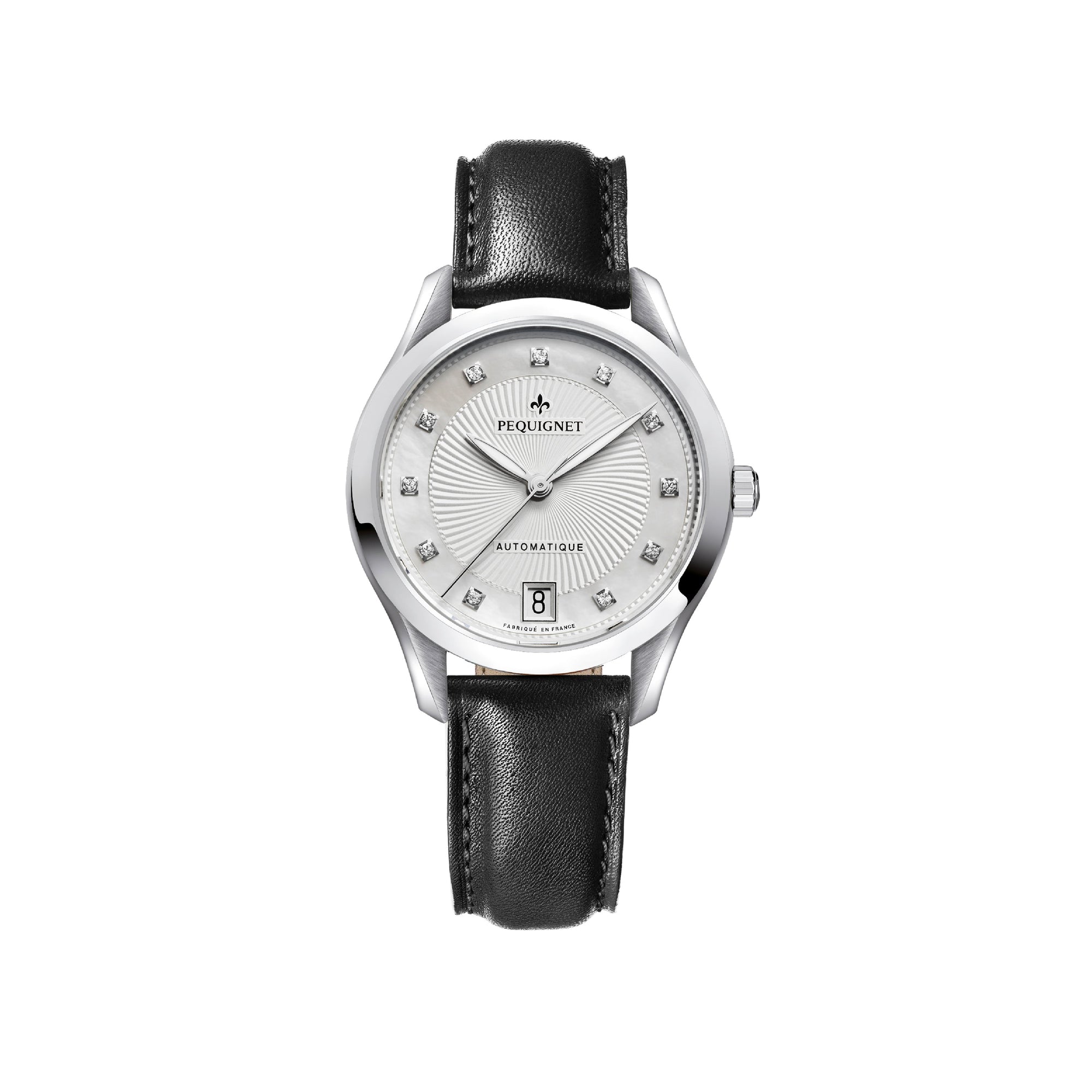 Montre Élegance en acier sertie de diamants avec tour nacré 34 mm - Blanc & Décor frappé