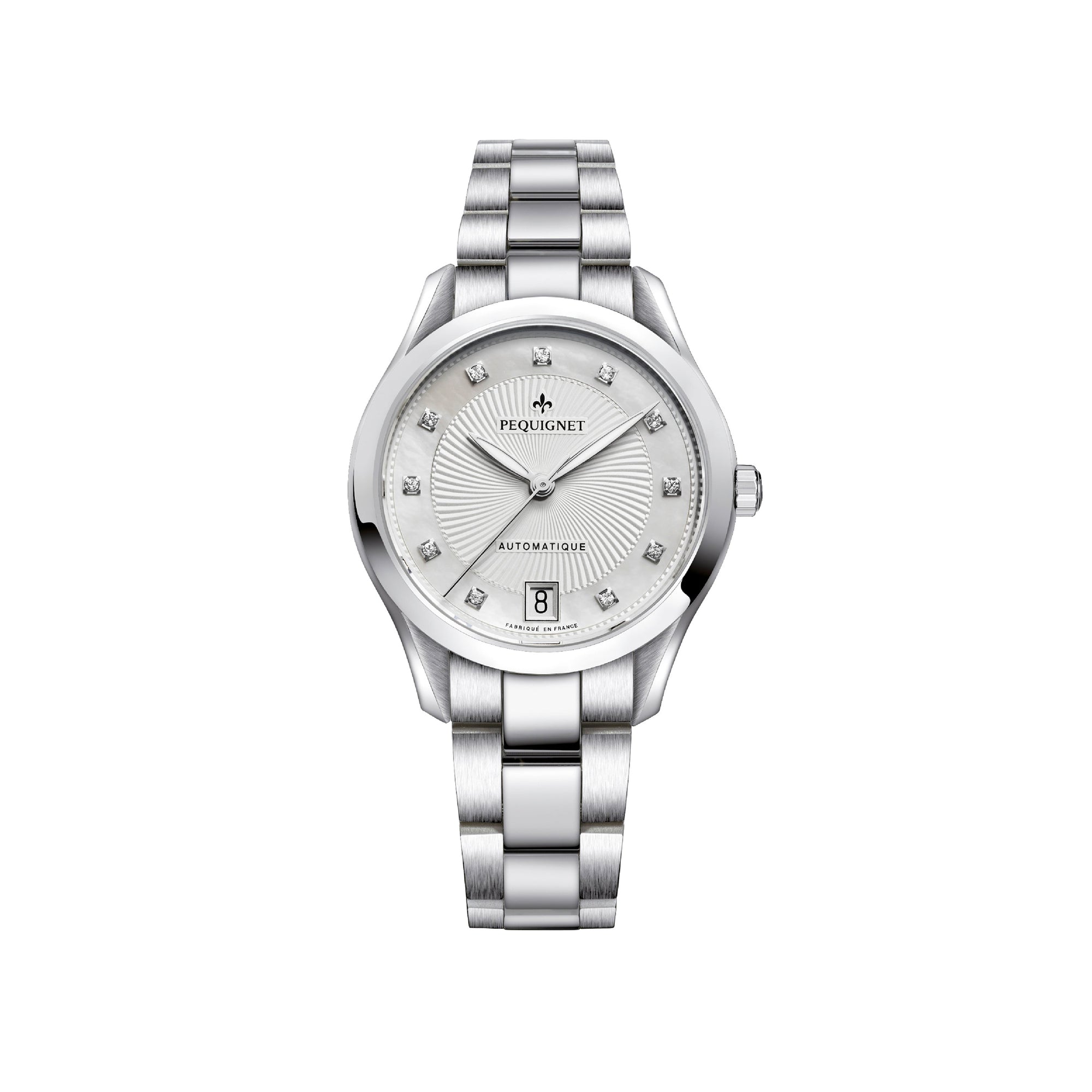 Élegance watch in diamond-set steel with mother-of-pearl band 34 mm - White & Stamped decoration