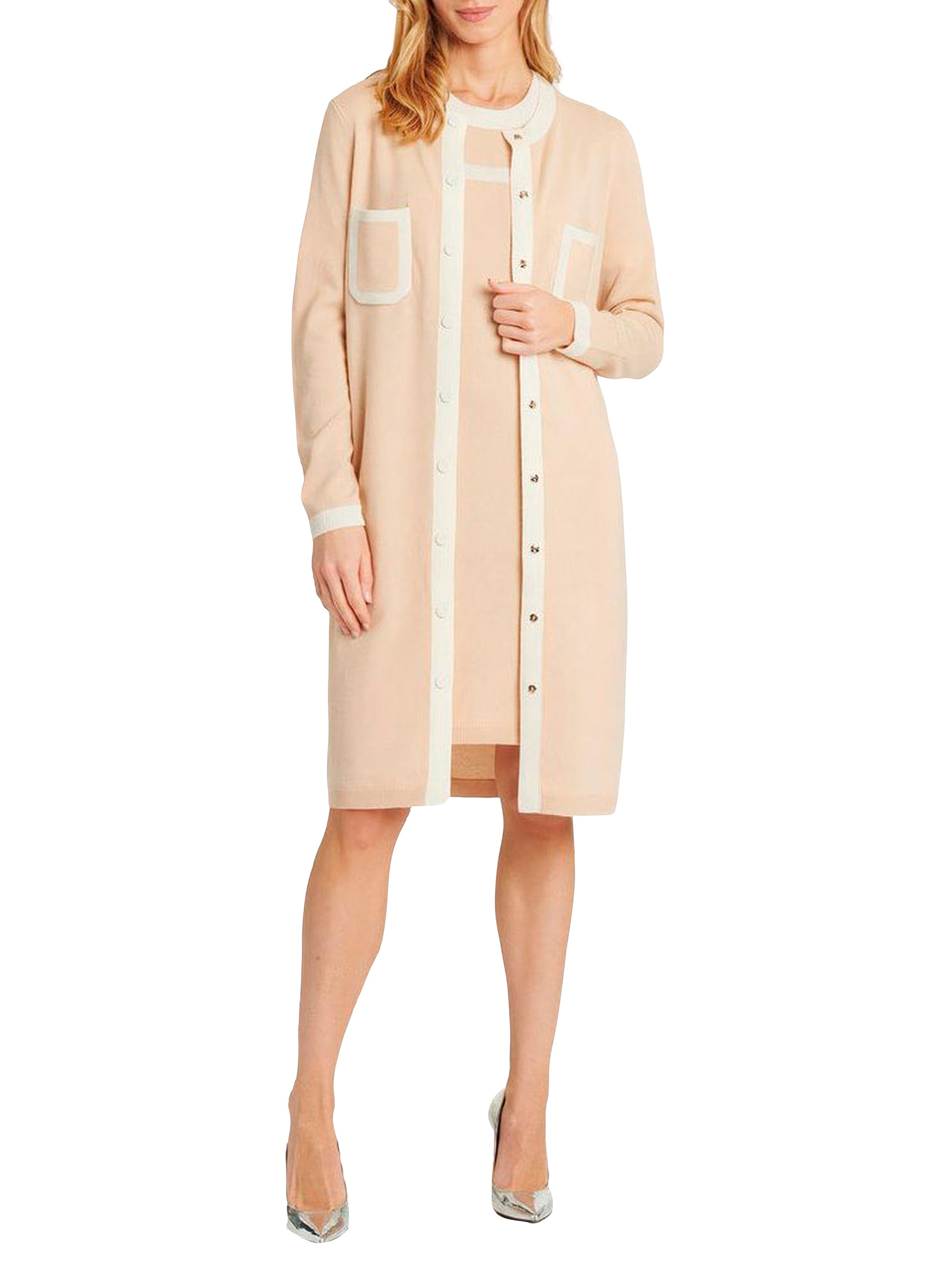 Cardigan long en laine et cachemire - Beige & blanc cassé