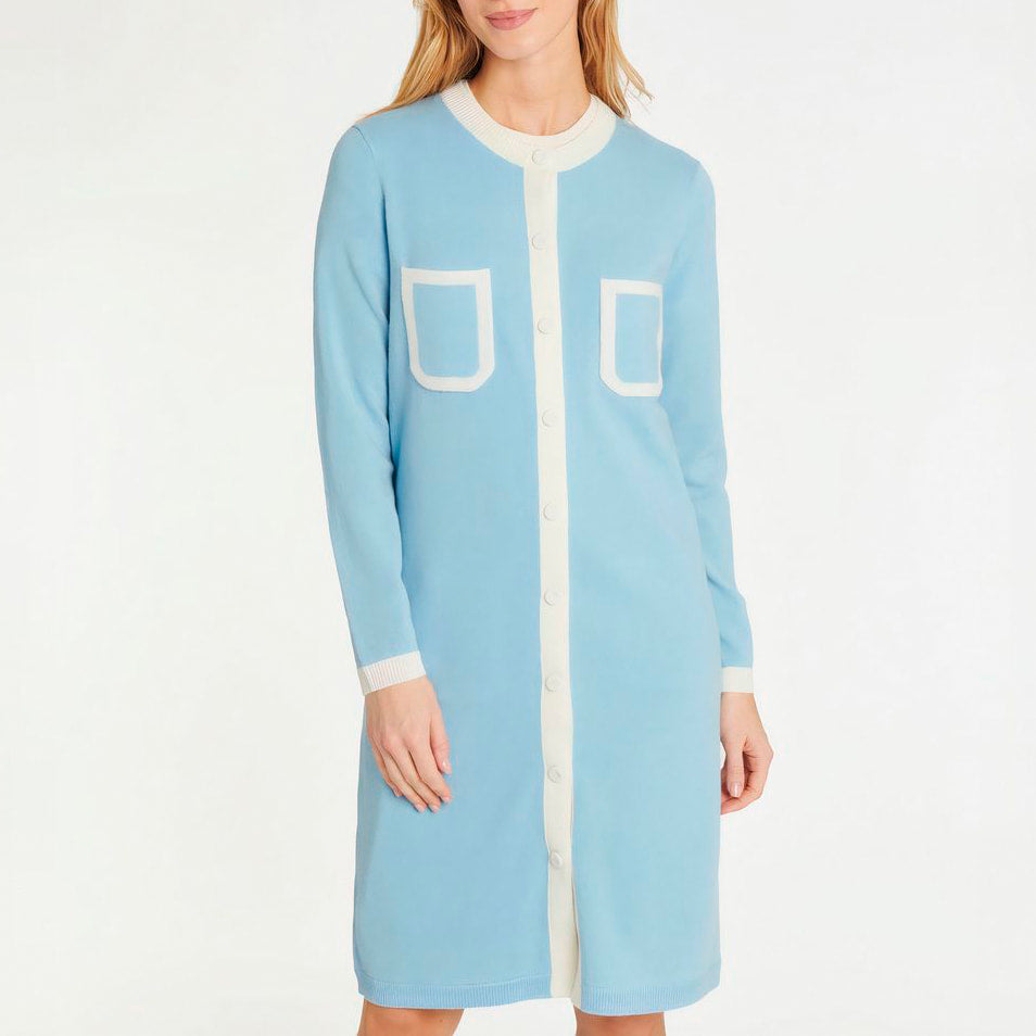Cardigan long en laine et cachemire - Bleu ciel & blanc cassé