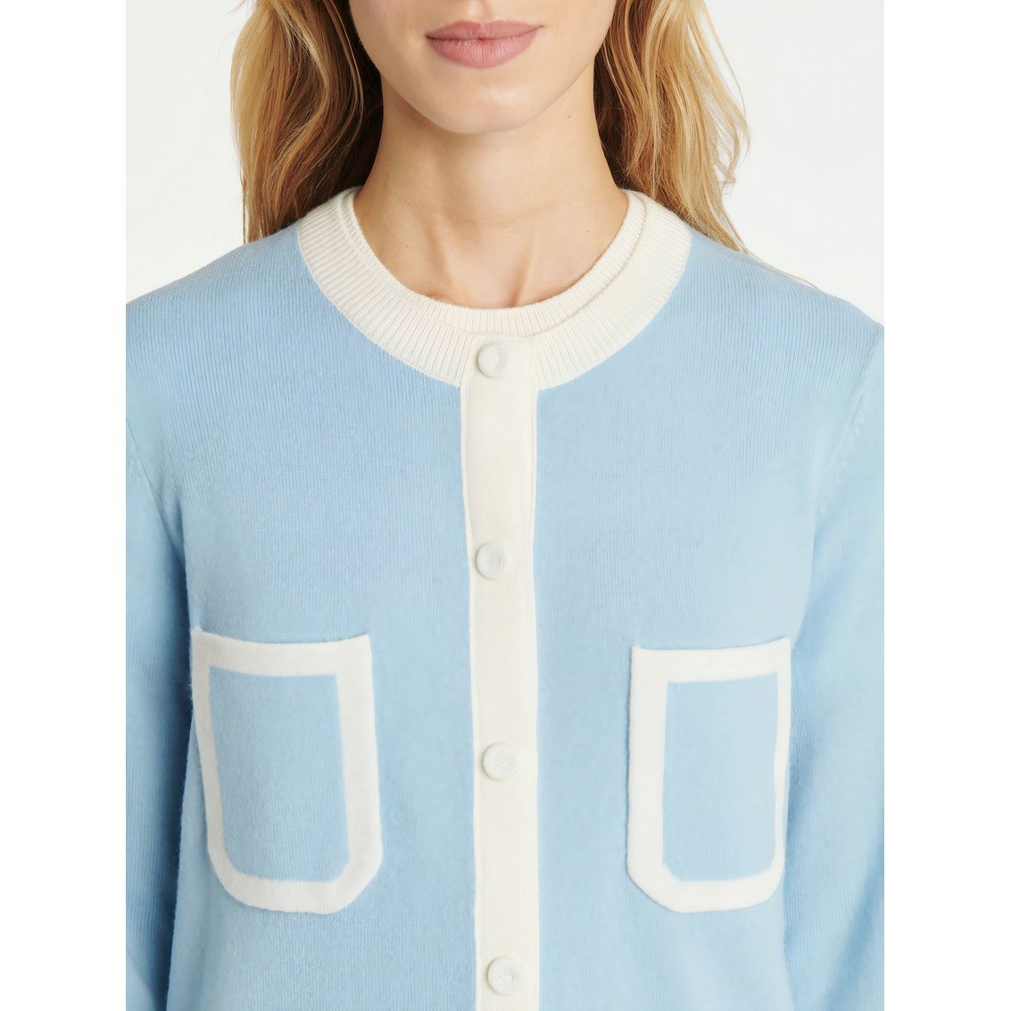 Cardigan long en laine et cachemire - Bleu ciel & blanc cassé