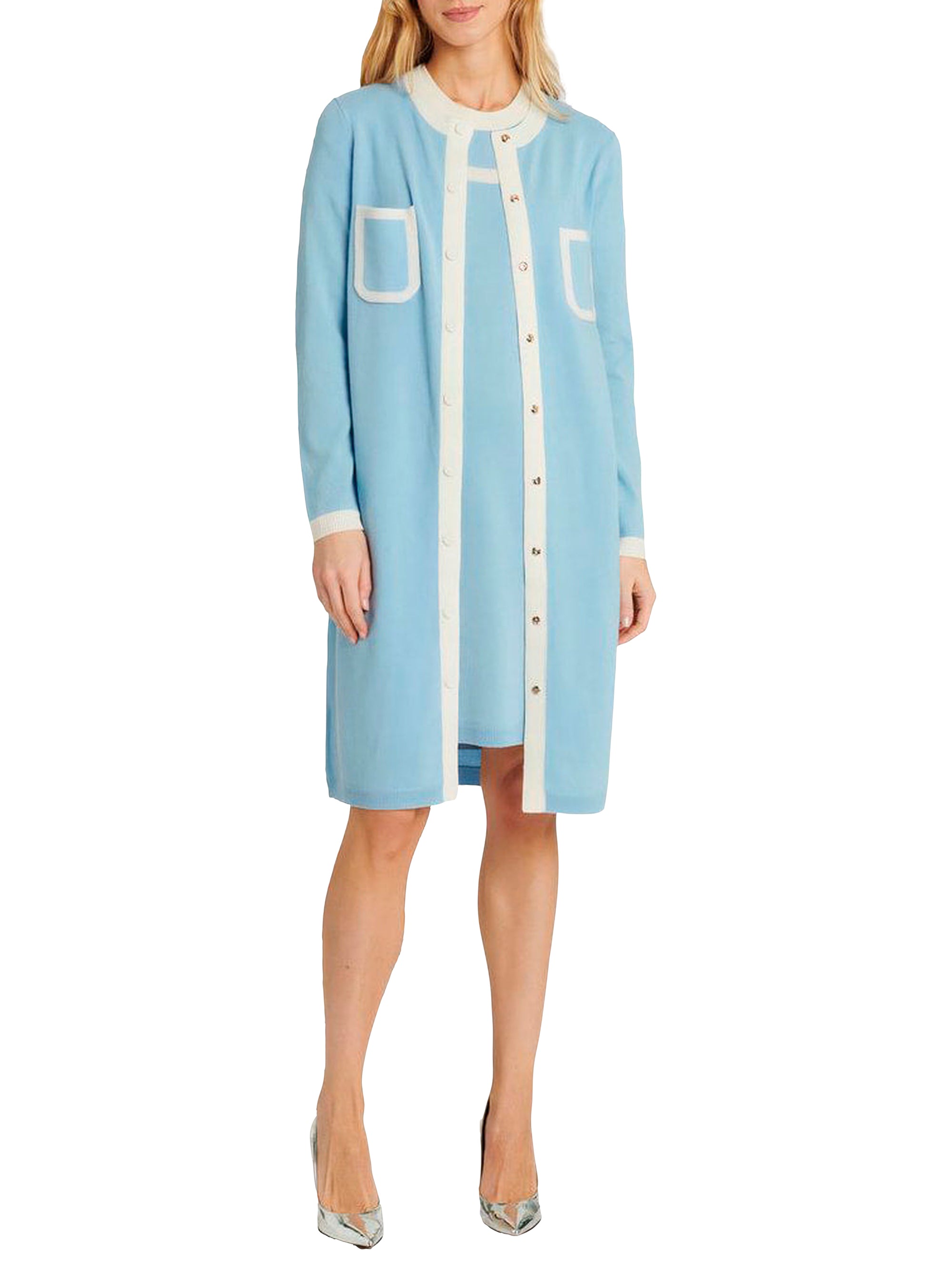 Cardigan long en laine et cachemire - Bleu ciel & blanc cassé