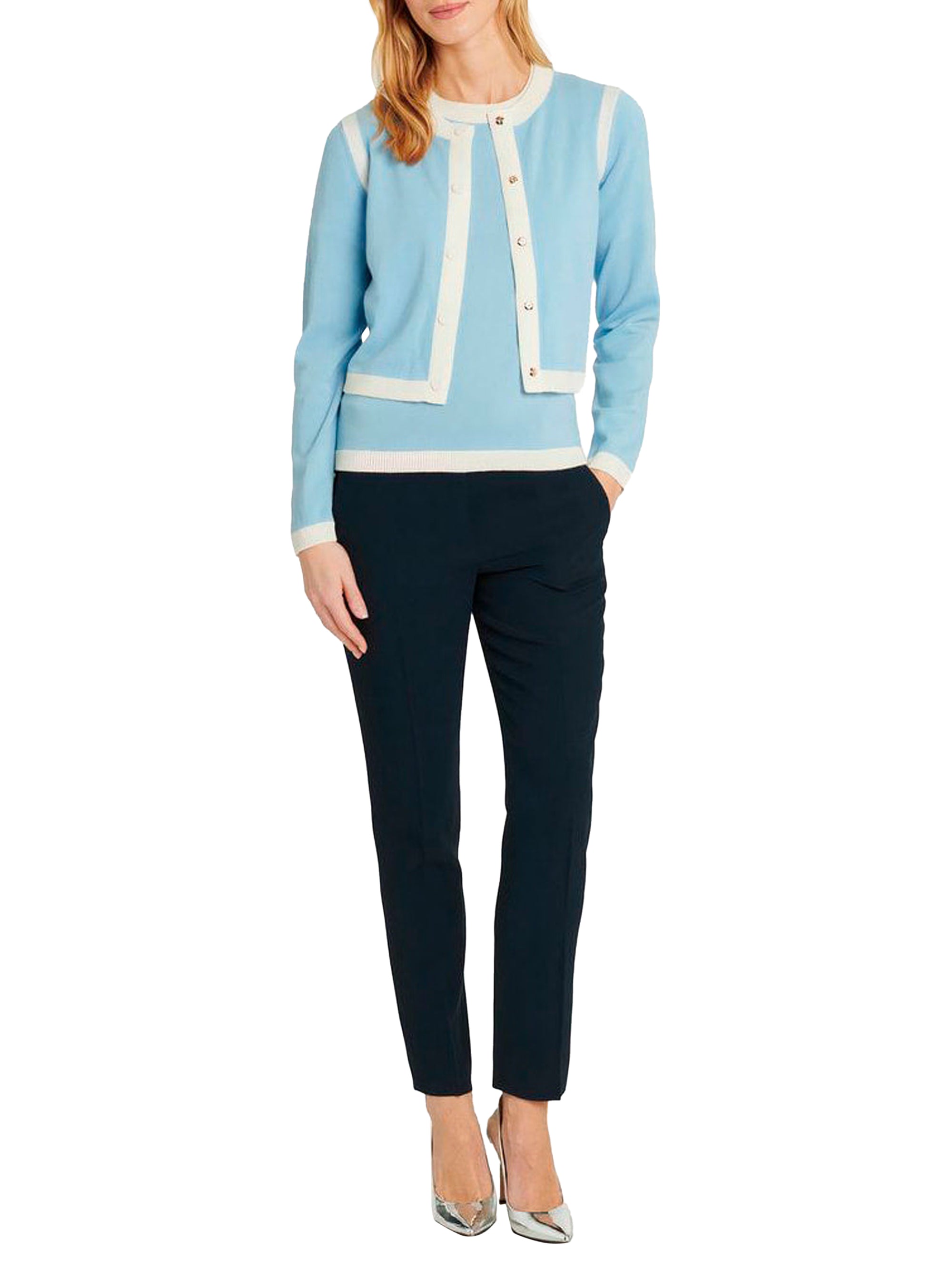 Cardigan à manches longues en laine et cachemire - Bleu ciel & blanc cassé