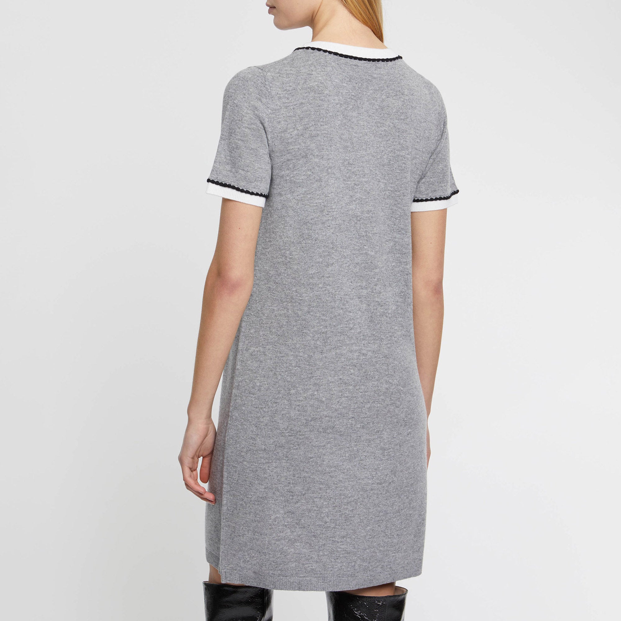 Robe droite à manches courtes en laine et cachemire - Gris & blanc