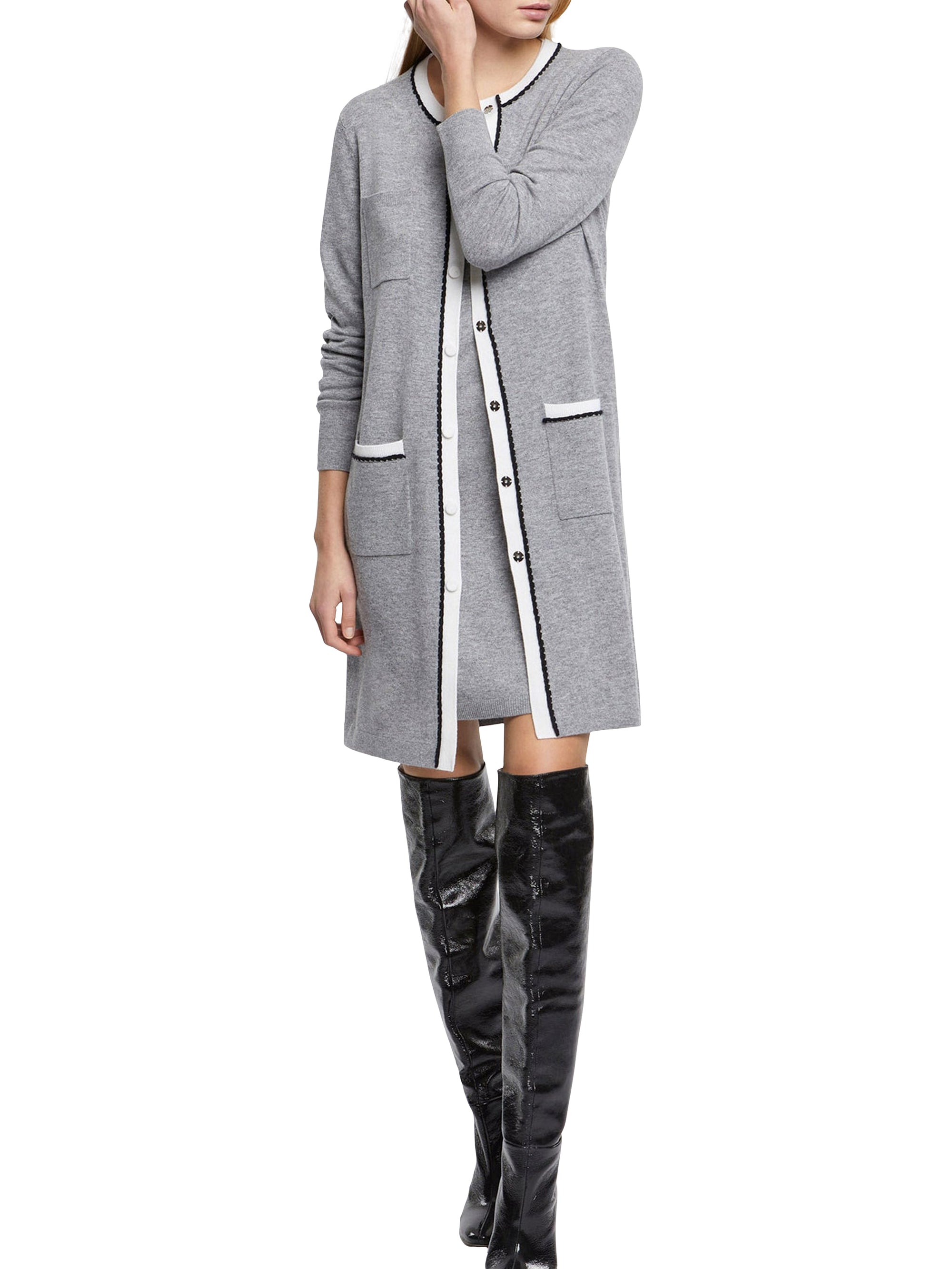 Robe droite à manches courtes en laine et cachemire - Gris & blanc