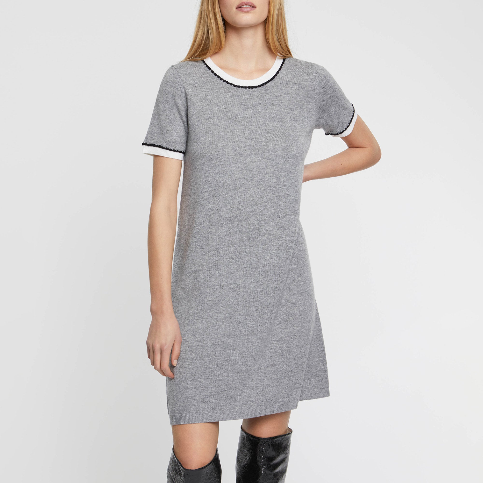 Robe droite à manches courtes en laine et cachemire - Gris & blanc