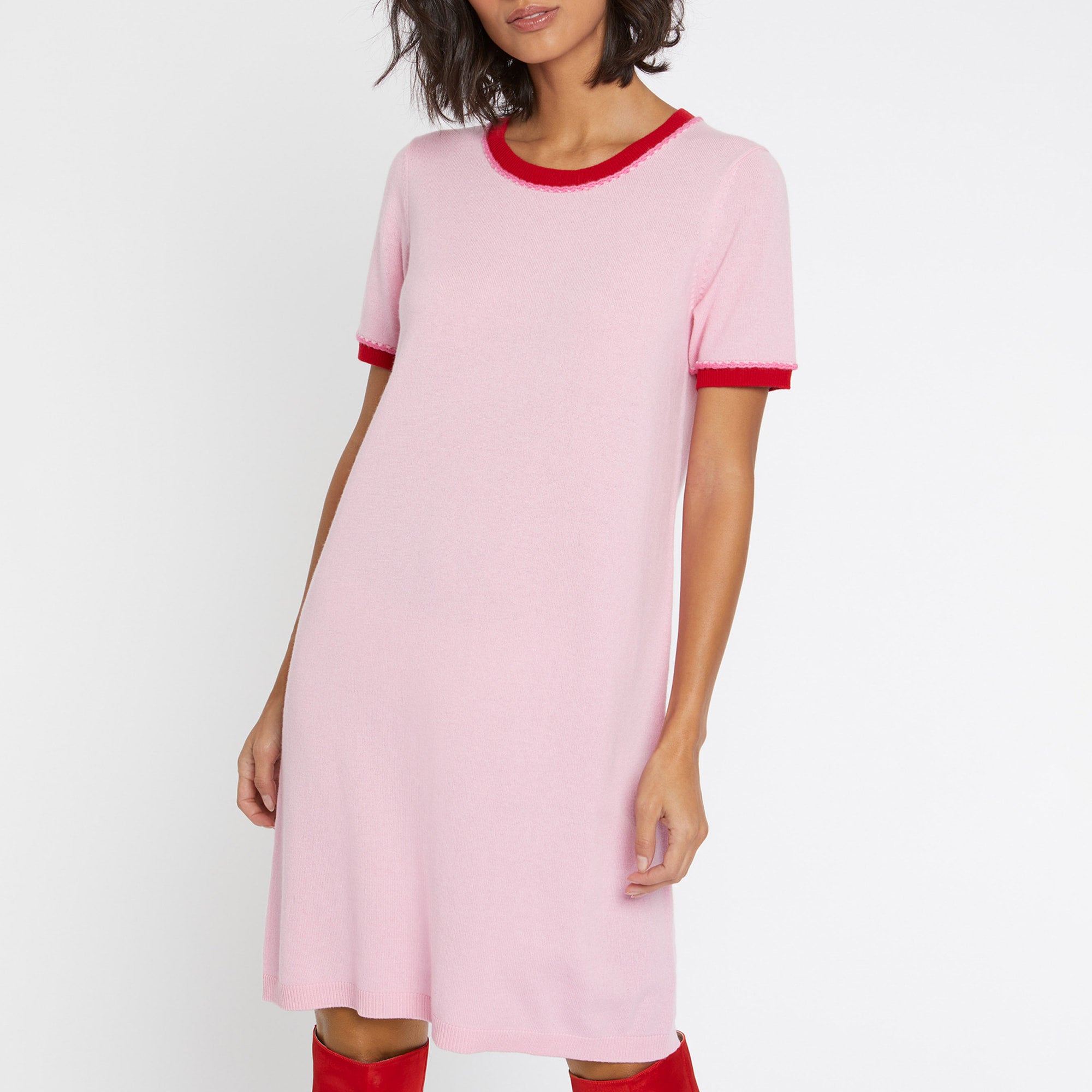 Robe droite à manches courtes en laine et cachemire - Rose clair