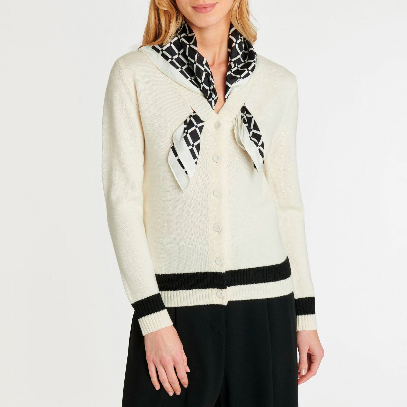 Cardigan avec foulard amovible en tweed de laine - Blanc cassé & noir