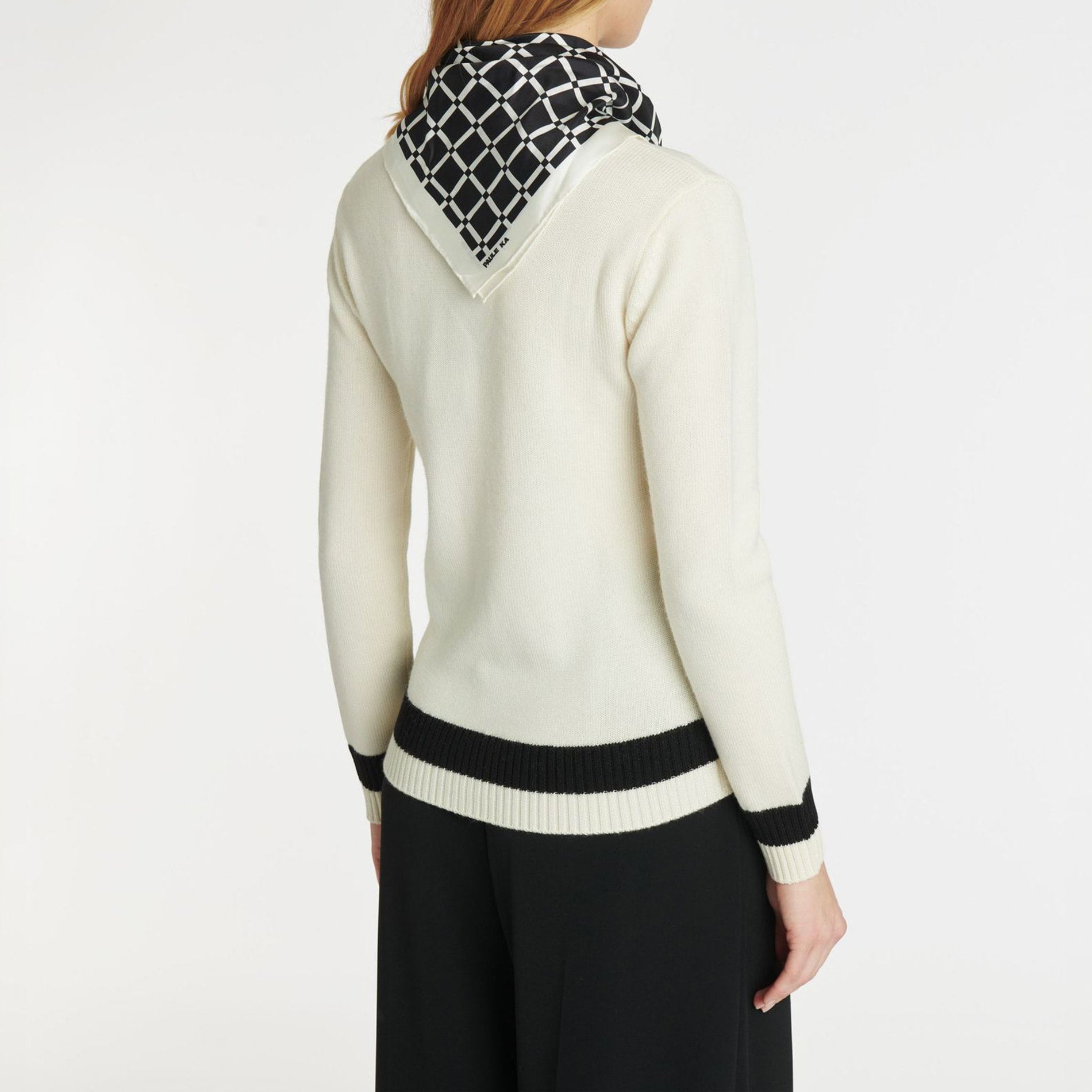 Cardigan avec foulard amovible en tweed de laine - Blanc cassé & noir