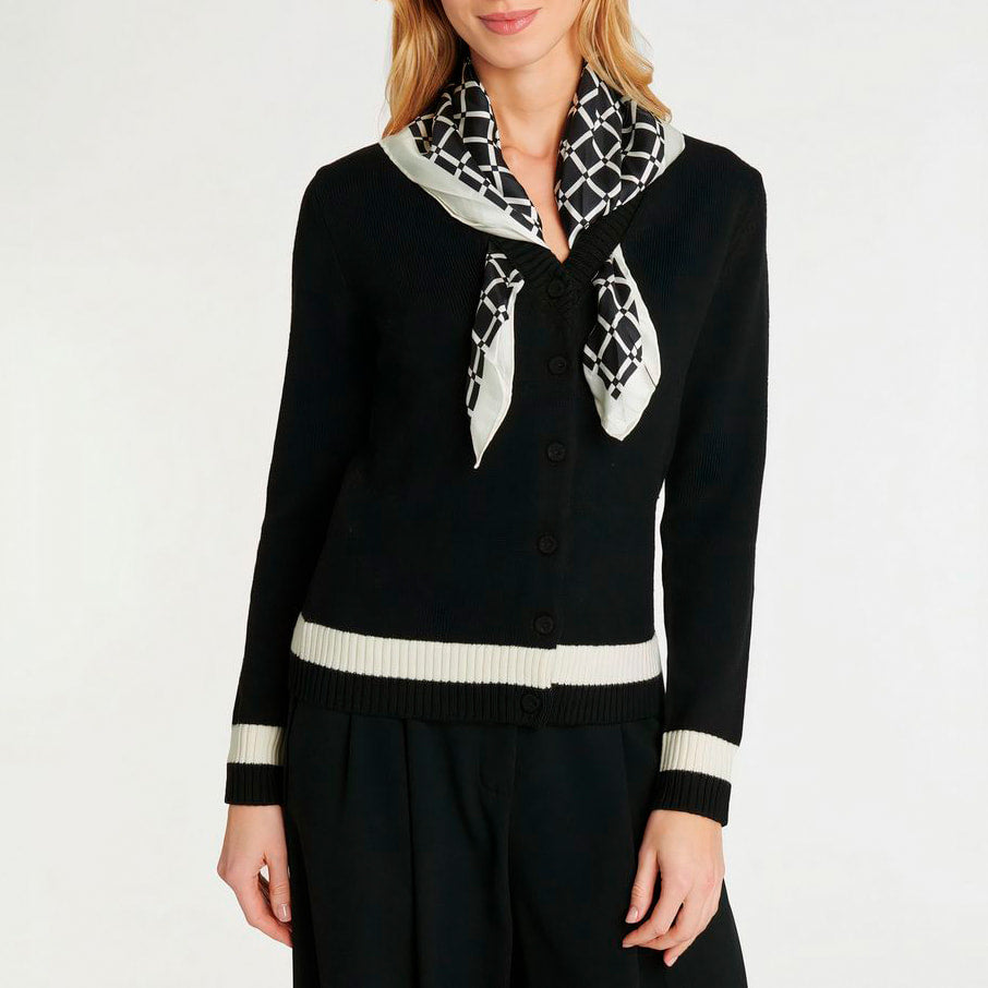 Cardigan avec foulard amovible en tweed de laine - Noir & blanc cassé