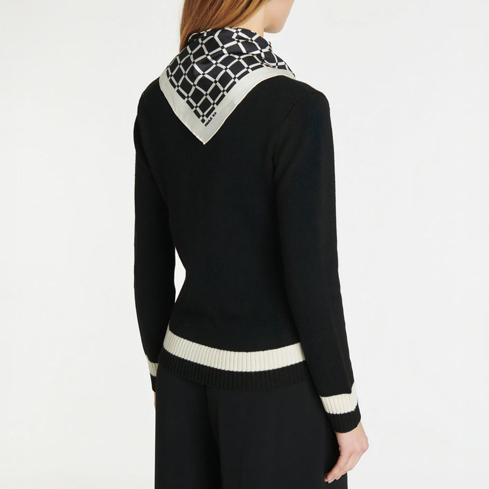 Cardigan avec foulard amovible en tweed de laine - Noir & blanc cassé