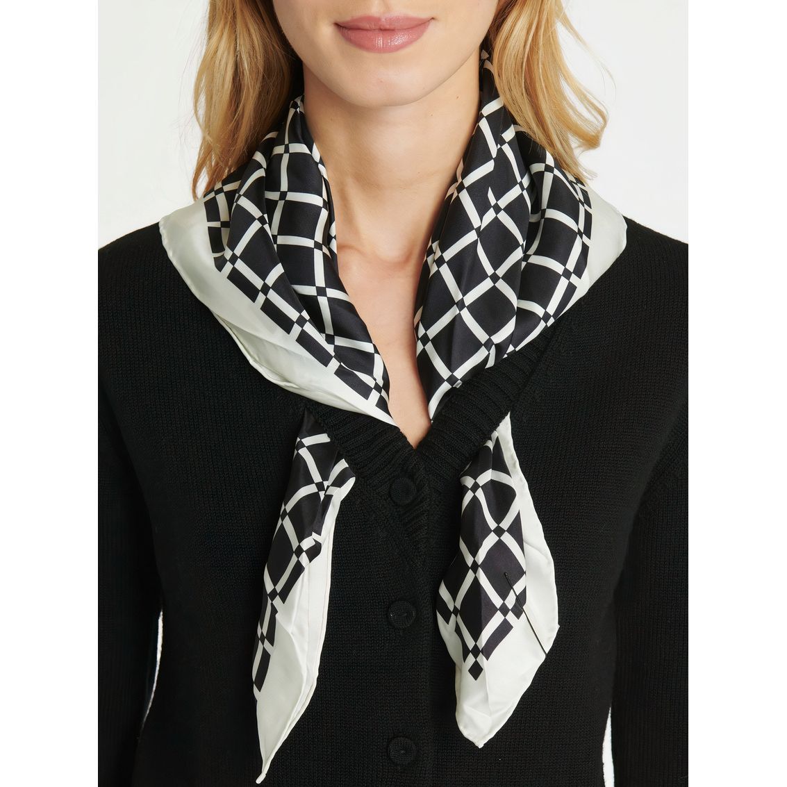 Cardigan avec foulard amovible en tweed de laine - Noir & blanc cassé